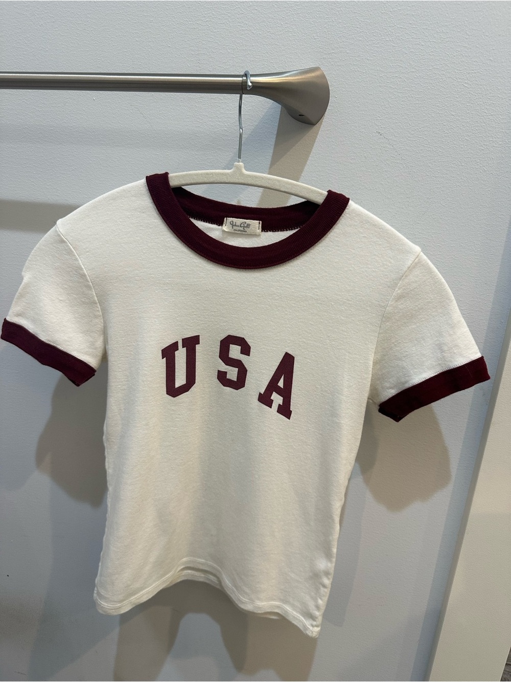Brandy Melville/John Galt White Ringer Tee with Burgundy USA Lettering